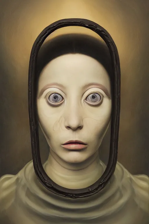 Prompt: a strange surrealist, biomorphic portrait of a woman with large eyes wearing a black turtleneck, by dali, marco mazzoni, james jean and rachel ruysch, emotionally evoking, looming, colour palette of charlie immer, head in focus, volumetric lighting, masterpiece, rendered in octane