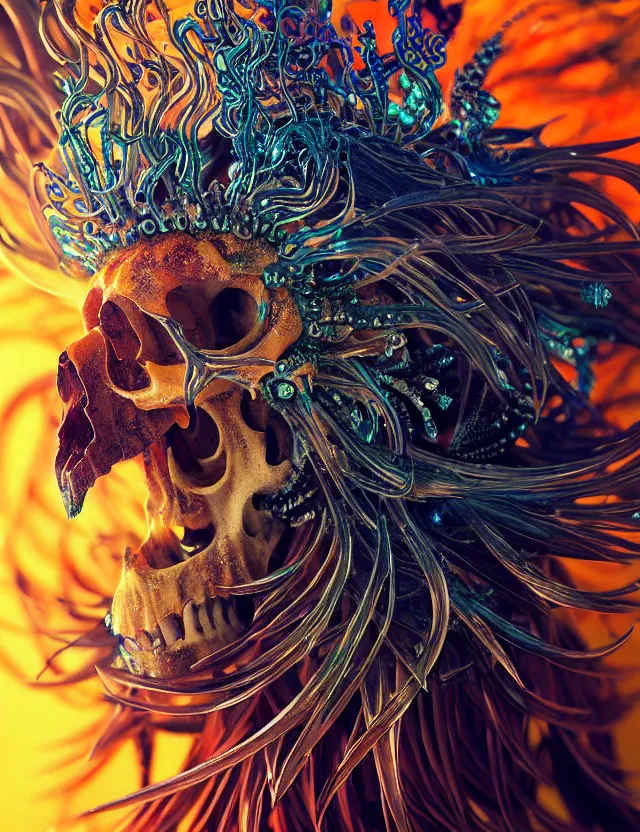 Prompt: witch phoenix macro close - up portrait with crown made of ram skull. phoenix, betta fish, jellyfish, plasma, ice, water, wind, creature, super intricate ornaments artwork by tooth wu and wlop and beeple and greg rutkowski