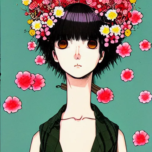 Prompt: prompt: Fragile portrait of singular persona covered with flowers illustrated by Katsuhiro Otomo, inspired by Evangeleon anime, smaller attributes, eyepatches, illustrative gouache style, intricate ink and gouache painting detail, manga and anime 1990