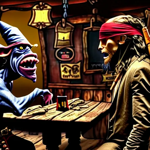 Prompt: a goblin with a large nose and a pirate with a bandana negotiating a contract with Jared Leto in a Western saloon.