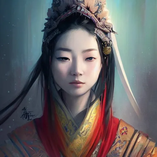 Image similar to A portrait of An beautiful!!! ancient Chinese female swordsman by Ross Tran!!! and Zhang Daqian!! and greg rutkowski! and Ruoxin Zhang!!!,In style of digital art illustration.Symmetry.Highly detailed face.Fantasy,smooth,hyper detailed,sharp focus,Soft light.trending on artstation.