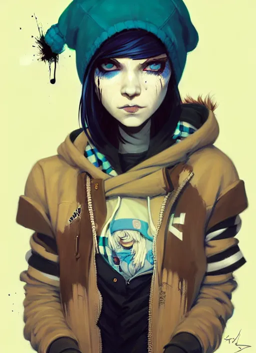 Image similar to highly detailed portrait of a sewer punk lady student, blue eyes, tartan hoody, hat, white hair by atey ghailan, by greg rutkowski, by greg tocchini, by james gilleard, by kaethe butcher, gradient yellow, black, brown and cyan color scheme, grunge aesthetic!!! ( ( graffiti tag wall ) )