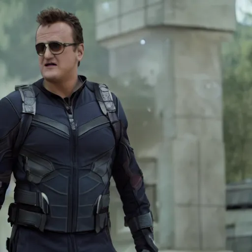 Image similar to film still of Jason Segel playing Hawkeye in The Avengers, 4k