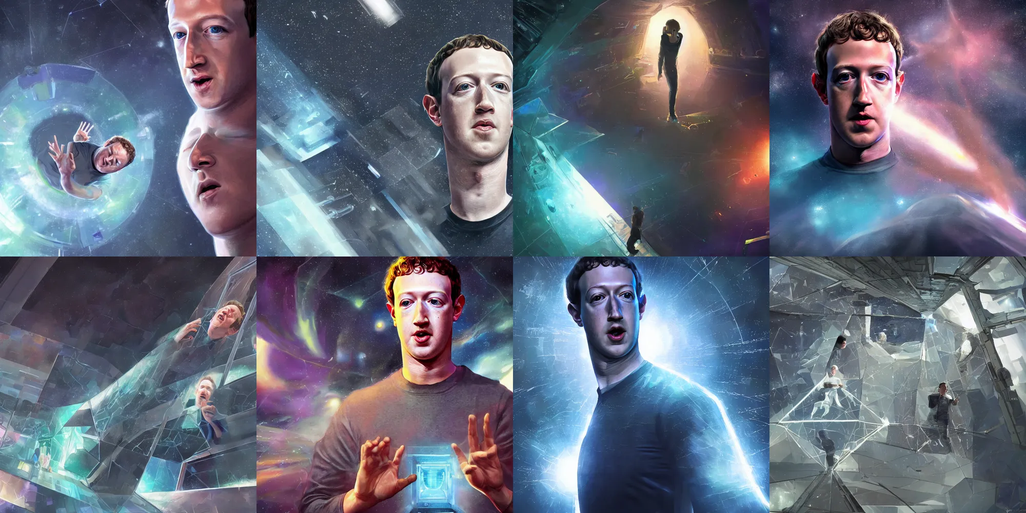 Prompt: mark zuckerberg trapped in a space prism, a prison of his own making, he is screaming but no one can hear him, hyperreal, artstation