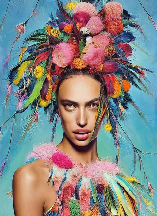 Image similar to beautiful portrait of Irina Shayk wearing fantastic Hand-dyed cotton dress, embellished beaded feather decorative fringe knots ,colorful pigtail,subtropical flowers and plants,symmetrical face,intricate,elegant, highly detailed, 8k,post-processing,digital painting, trending on pinterest, GUCCI,PRADA,concept art, sharp focus, illustration, by artgerm,Tom Bagshaw,Lawrence Alma-Tadema,greg rutkowski,alphonse Mucha