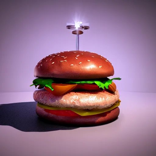 Prompt: hamburger but made out cyber metal leds 4k 8k photorealistic, high definition, detailed, close up, rendered, unreal engine, artstation, favorite, trending