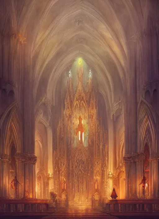 Image similar to Detailed Interior of a cathedral made of fruit and vegetables, light of god, light shafts, candles, stunning atmosphere, in Style of Peter Mohrbacher, cinematic lighting