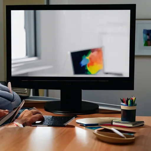 Image similar to color painting, highly realistic, heavyset man typing at his computer, using his mouse, looking at the screen, sitting in an office chair in his dimly lit bedroom