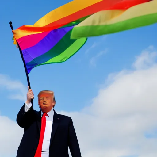 Prompt: donald trump holding up a gay pride flag