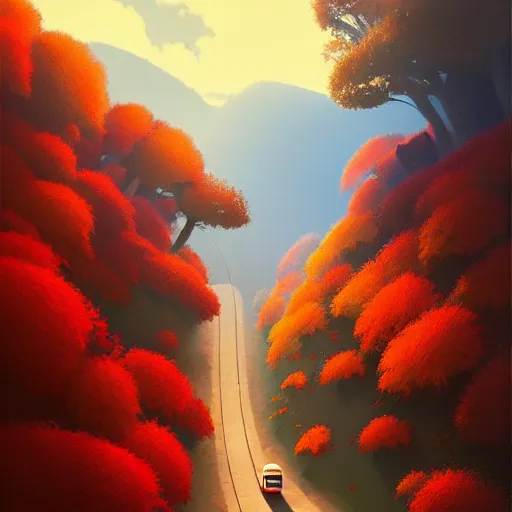 Image similar to Goro Fujita ilustration a road that goes down from the top of the mountain giving curves in autumn, painting by Goro Fujita, sharp focus, highly detailed, ArtStation