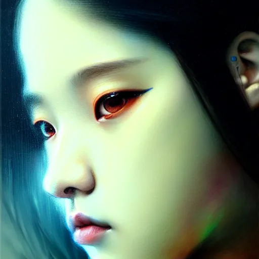 Image similar to jisoo of blackpink, hyperrealistic portrait, bladerunner street, by karol bak and agnes cecile, fantasy art, photo realistic, dynamic lighting, artstation, poster, volumetric lighting, very detailed face, 8 k, award winning