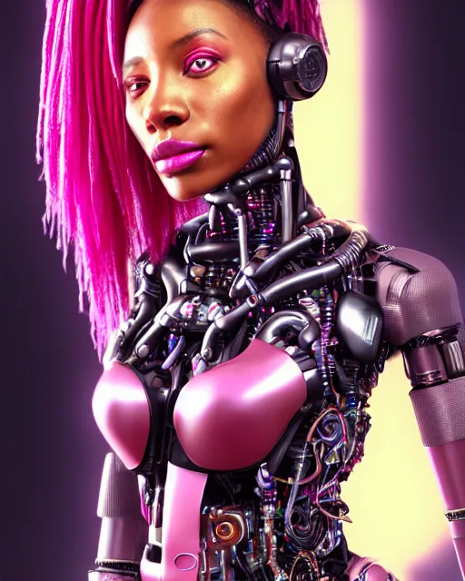 Image similar to portrait of a beautiful black woman with pink hair as a cyberpunk cyborg half robot, revealing wires and electronics, sci - fi, missing panels, intricate abstract upper body intricate artwork, concept art, octane render, deviantart, cinematic, key art, hyperrealism, iridescent accents, portrait photograph, nikon 3 5 mm, photograph by greg rutkowski