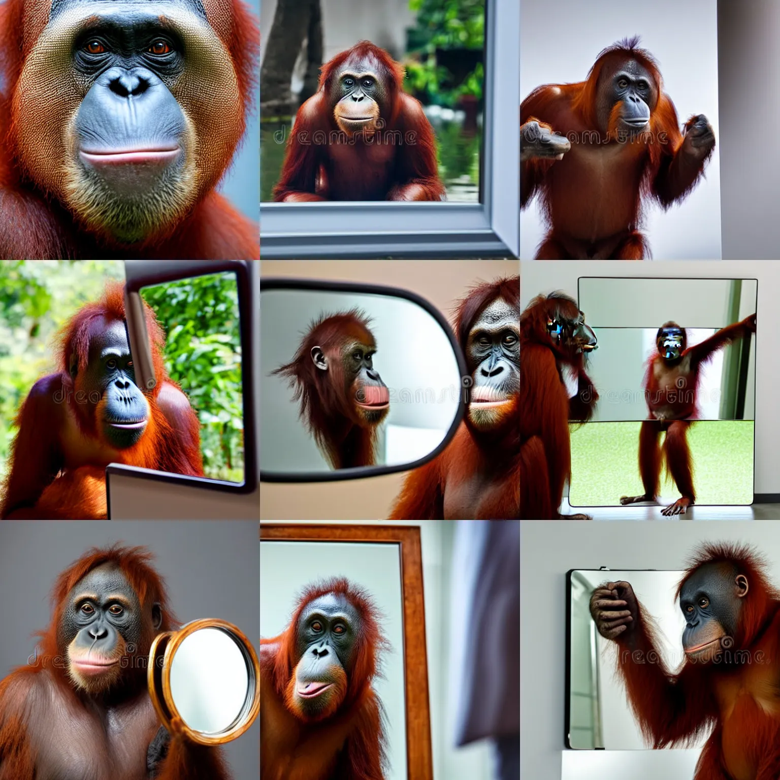 Prompt: orangutan wearing a business suit, standing in front of a mirror, having an argument with reflection, mirror, photograph 5 5 mm zeiss f / 4 award winning photograph stock photo