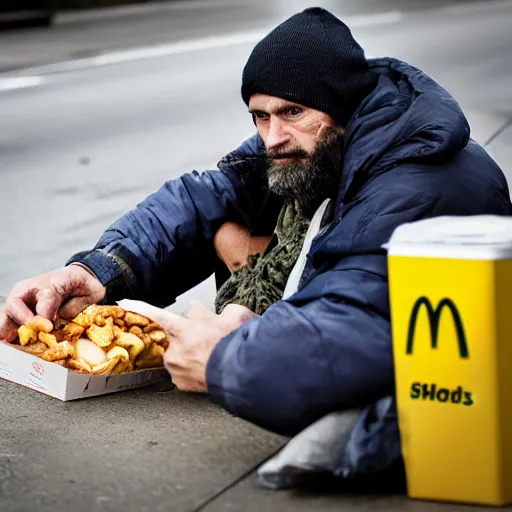 Image similar to Homeless person robbing a McDonald's, professional photography, 4K