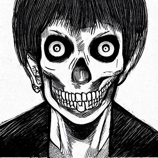 Prompt: “drawing of a person’s head with top of skull removed, inside of the head a full of spider, Junji Ito”