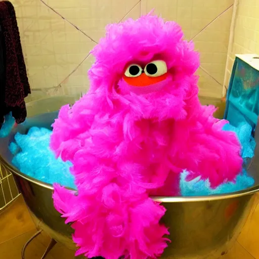 Image similar to hot pink feather boa muppet in bubble bath