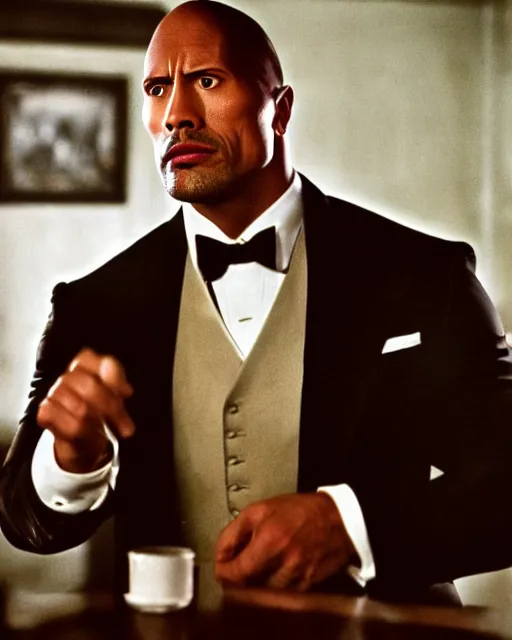 Image similar to film still close up shot of dwayne johnson as vito corleone from the movie the godfather. photographic, photography