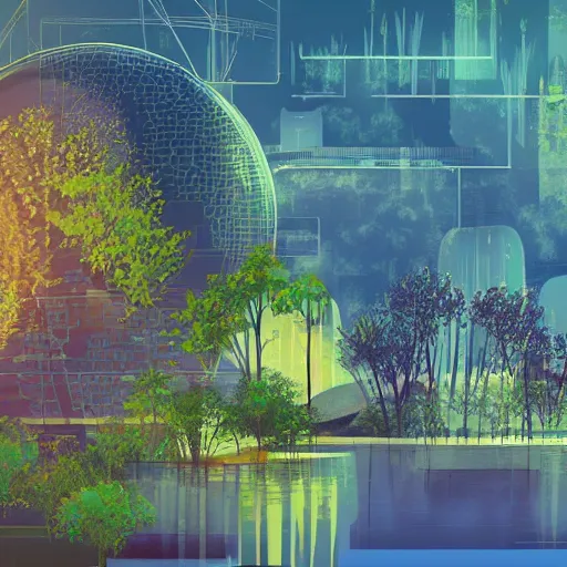 Image similar to beautiful happy picturesque charming organic sci - fi city in harmony with nature. water and plants. beautiful light. grainy and rough. soft colour scheme. beautiful artistic vector graphic design by lurid. ( 2 0 2 2 )