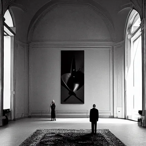 Image similar to Batman standing in giant Italian modern castle living room, clean minimalist design, that is 1300 feet tall, with very tall giant walls filled with modern art paintings, doors that are cosmic portals, photo by Annie Leibovitz