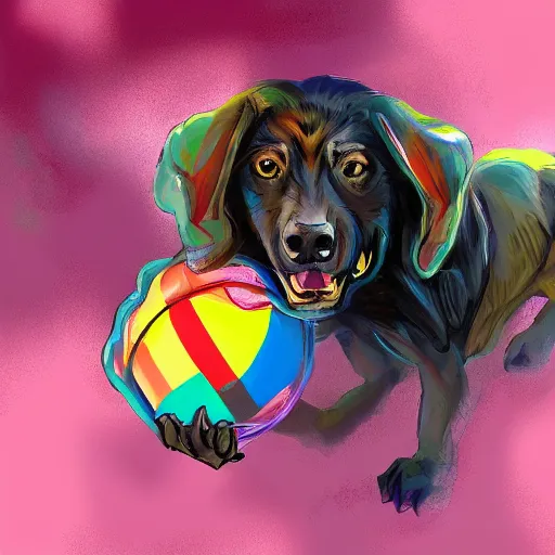 Image similar to snarling hell hound playing with a colorful beachball in hell, digital painting, trending on artstation