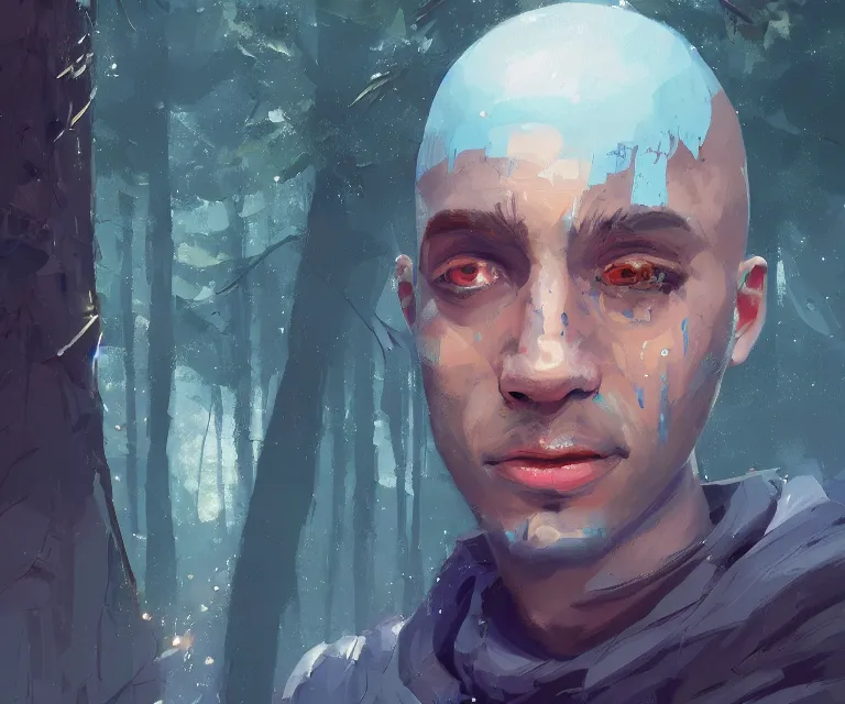 Image similar to painting close - up portrait of a young bald blue - skinned wizard in a forest, masterpiece, trending on artstation, by ismail inceoglu