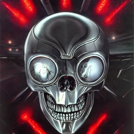 Prompt: high fantasy 1 9 8 0's wargame airbrushed artwork, a giant silver reflective chrome android wearing a mask shaped like an intricately carved beautiful human skull with a giant red pentagram on top and shiny glowing red demonic eyes, shiny black latex armor, inside a futuristic army base