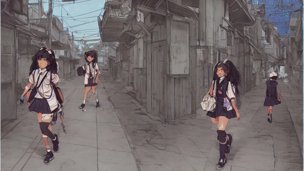 Image similar to cute schoolgirl walk in ghetto, in style of katsuya terada,, 8 k, hyper detailed.