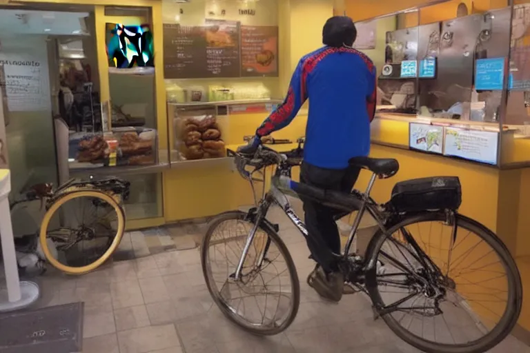 Prompt: cyclist in toilet!!! inside mcdonalds is eating donuts!!! and drinking yerba!!! mate