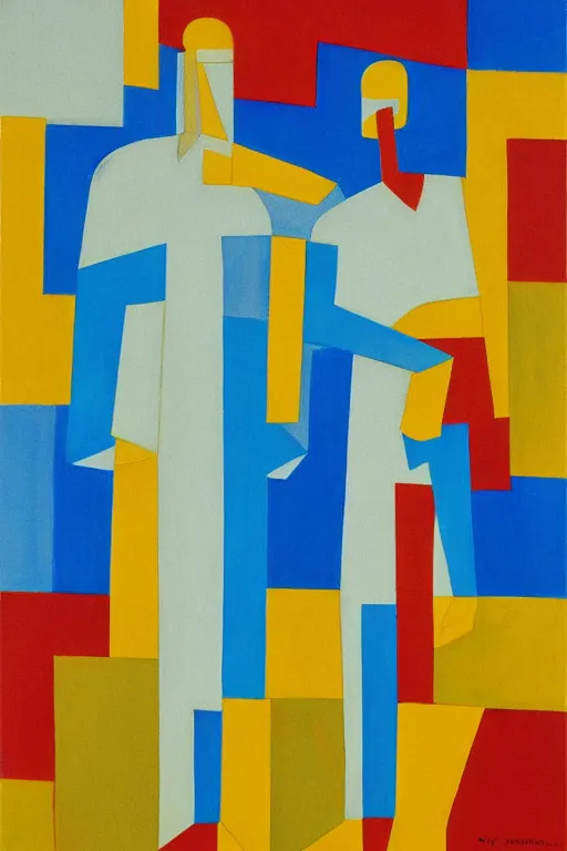 Image similar to neo cubistic painting of two tall figures, sandy yellow and some light blue, muted colors