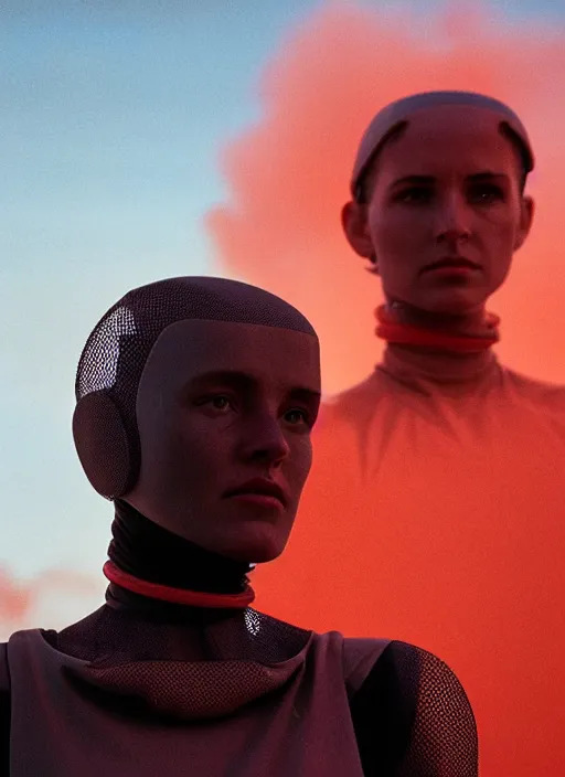 Prompt: cinestill 5 0 d photographic portrait by steve mccurry of two loving female androids wearing rugged black mesh techwear on a desolate plain with a red sky, extreme closeup, cyberpunk style, dust storm, 8 k, hd, high resolution, 3 5 mm, f / 3 2, ultra realistic faces, ex machina