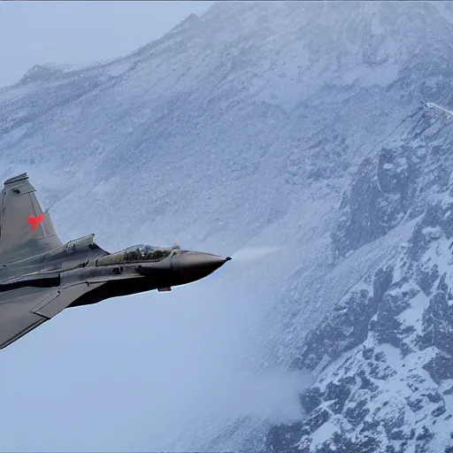 Image similar to f - 1 4 in a dogfight with a su - 5 7 over a snowy mountain landscape.