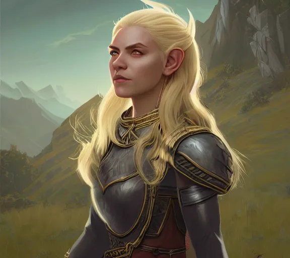 Prompt: the elder scrolls vi a portrait of a blond elven princess warrior portrait near the epic entrance to a city. illustration by atey ghailan