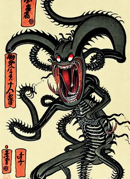 Image similar to the xenomorph as a yokai illustrated by kawanabe kyosai and toriyama sekien