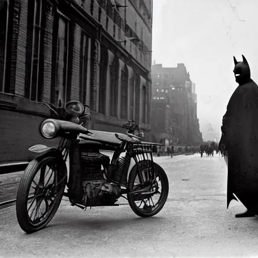 Image similar to old black and white photo, 1 9 1 3, depicting batman on a motorcycle from dark knight racing through the bustling streets of new york city, rule of thirds, three - point perspective, historical record