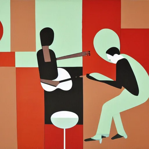 Prompt: A abstract painting in the style of Tatsuro Kiuchi, flat colour-block style, earth tones, geometric abstraction, painting of three men playing music, modern pastel colours