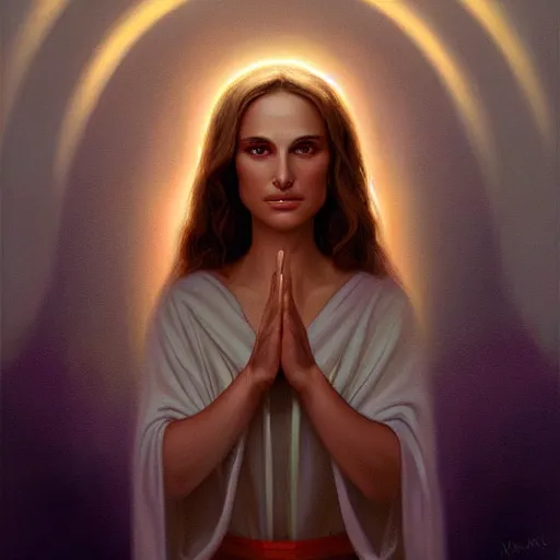 Image similar to a painting of Natalie Portman as the Messiah by Ross Tran, Bruce Timm and Vladimir Kush, highly detailed digital art, holy aura, serene expression