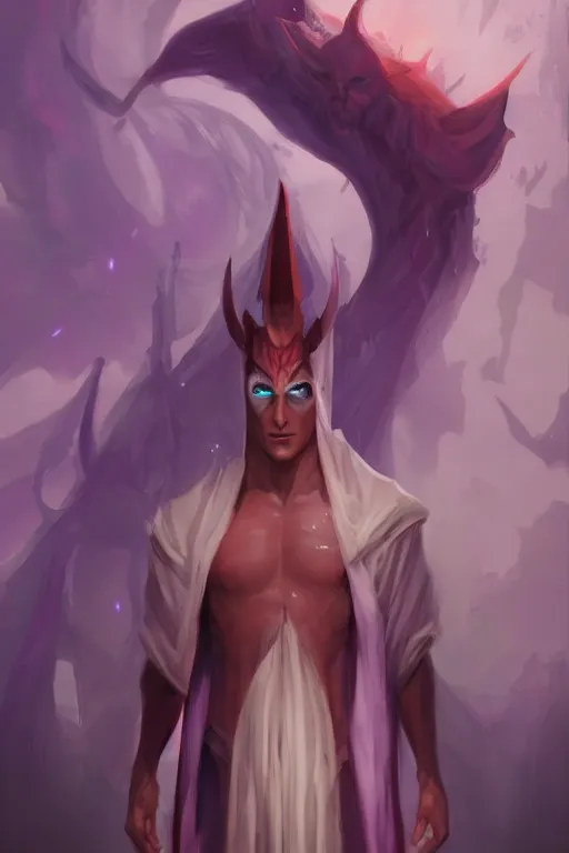Prompt: djinn man male demon, portrait, full body character concept art, purple cloak, single person, illustration, white horns from eyebrows, single face, cinematic color grading, editorial photo, fashion, hyperrealism, trending on artstation, Charlie Bowater, WLOP