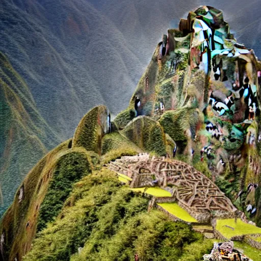 Image similar to ufo flying over machu picchu, photo, 8 k,