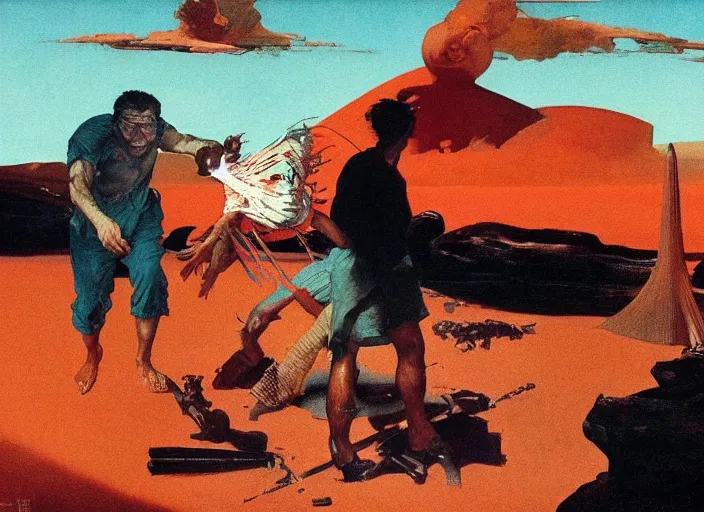 Image similar to a still from the movie cast away by francis bacon and norman rockwell and james jean, and mark brooks, triadic color scheme, by greg rutkowski, syd mead and edward hopper and norman rockwell and beksinski, dark surrealism, orange and turquoise