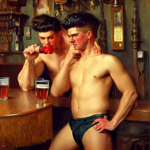 Image similar to drinking their hearts out, in a pub. shorts, attractive muscular male with red hair, and attractive muscular male with black hair. very defined and highly detailed painting by j. c. leyendecker, gaston bussiere, craig mullins 8 k