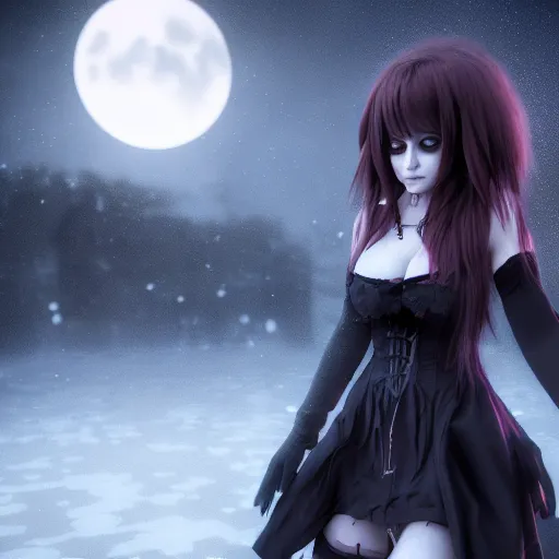Prompt: full shot portrait of angry darkness Clara Morgane as a cute anime girl at moonlight, snowing, gothic wearing, inspired by Tim Burton, Karin, Amano, detailed, unreal engine 4k volumetric light, fog,