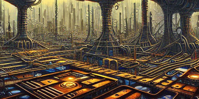 Image similar to painting of redwood forest labyrinth consuming cyberpunk metropolis in the style of steampunk by dan seagrave and john stephens