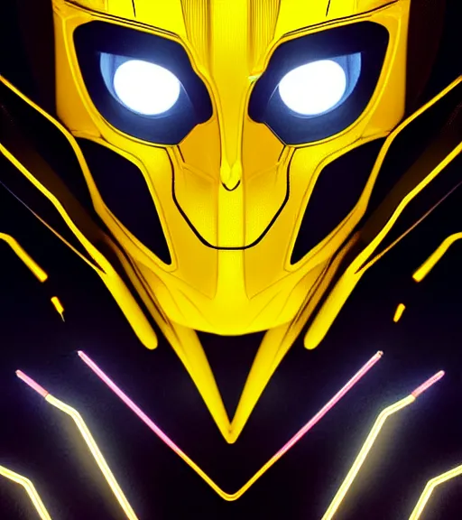 Image similar to symmetry!! yellow ranger, lightning - bolt - shaped eye - lense!!, hard edges, product render retro - futuristic poster scifi, thunderbolt and neon circuits, thunder strikes, intricate, elegant, highly detailed, digital painting, artstation, concept art, smooth, sharp focus, illustration, dreamlike, art by artgerm