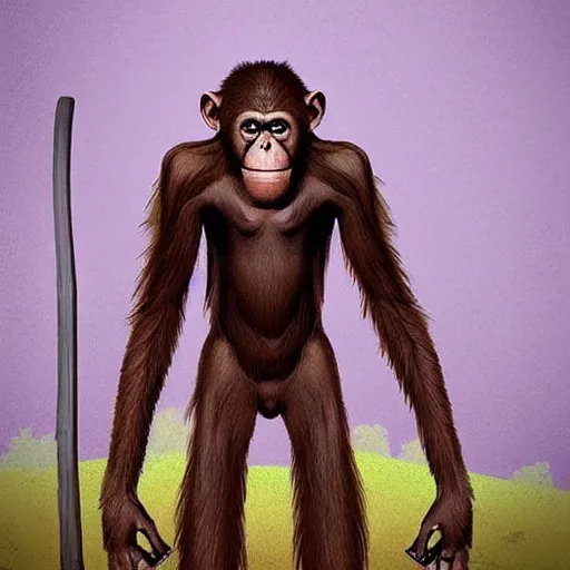 Image similar to “tall Goblin orangutan human hyena hybrid with mange holding a spear, jungle background”