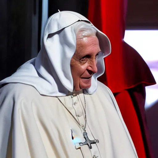 Image similar to pope benedict wearing sith cloak as chancelor palpatine in star wars episode 3, 8 k resolution, cinematic lighting, anatomically correct