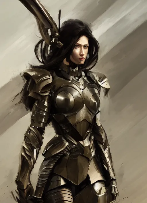 Prompt: a professional photographic portrait of a beautiful young female, clothed in battle armor, exposed waist, olive skin, long dark hair, beautiful bone structure, symmetrical facial features, intricate, elegant, digital painting, concept art, smooth, sharp focus, illustration, from Metal Gear, by Ruan Jia and Mandy Jurgens and Artgerm and William-Adolphe Bouguerea