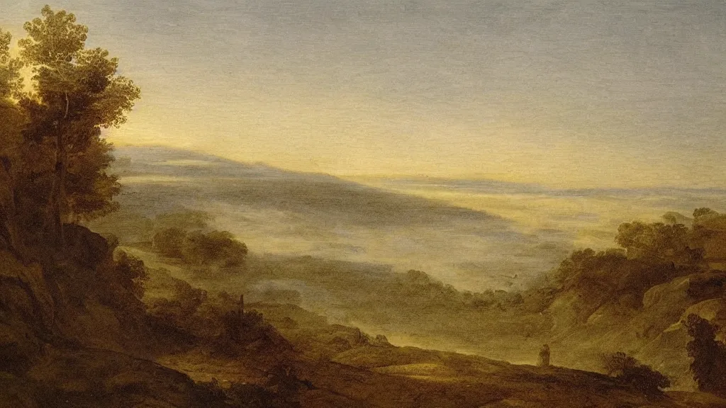 Image similar to so the sun set. i forgot to mention that a belt of mist lay between my hill and other hills, and that it was the color of pearl, claude lorrain