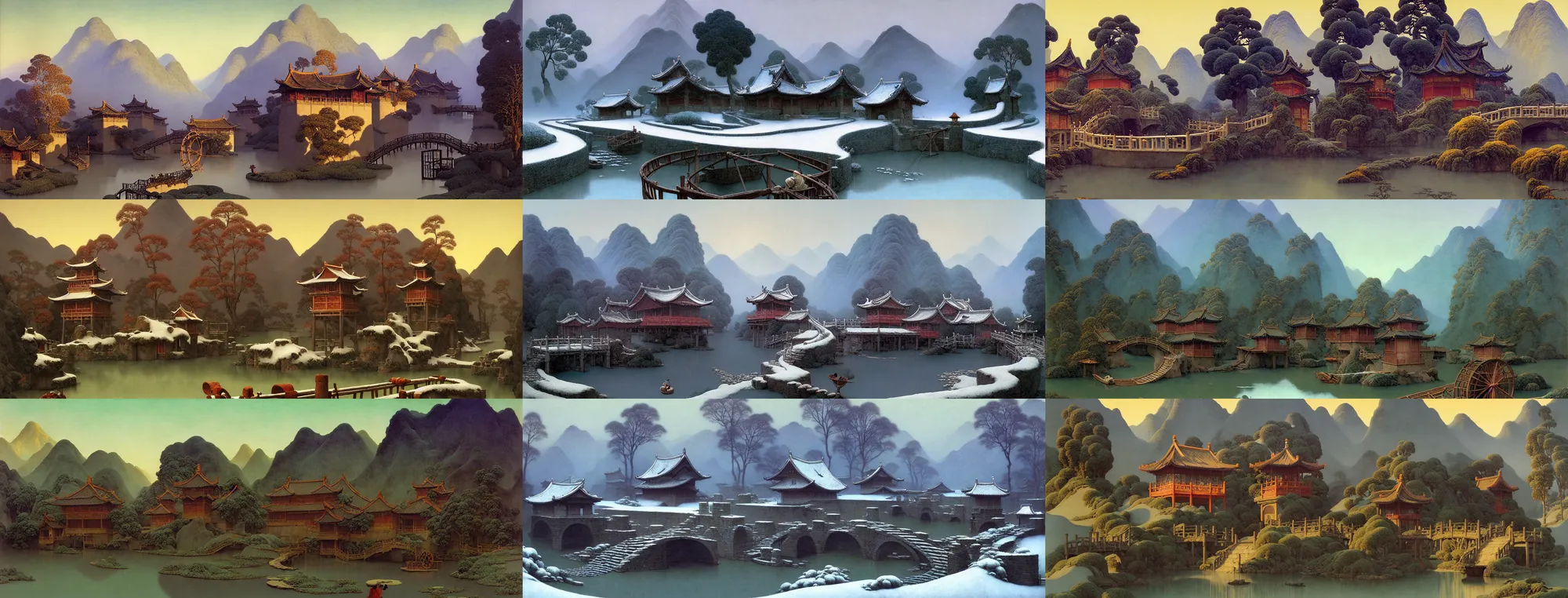 Image similar to a gorgeous early winter landscape painting by barlowe wayne maxfield parrish and marco mazzoni!! chinese village. china waterwheel. the winding steps. ultra clear detailed. 3 d, octane render. yangzi river. fog