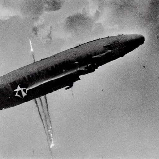 Image similar to ww 2 zeppelin in the sky, huge, firing rockets, bullets, bullet tracers, explosions, war photography