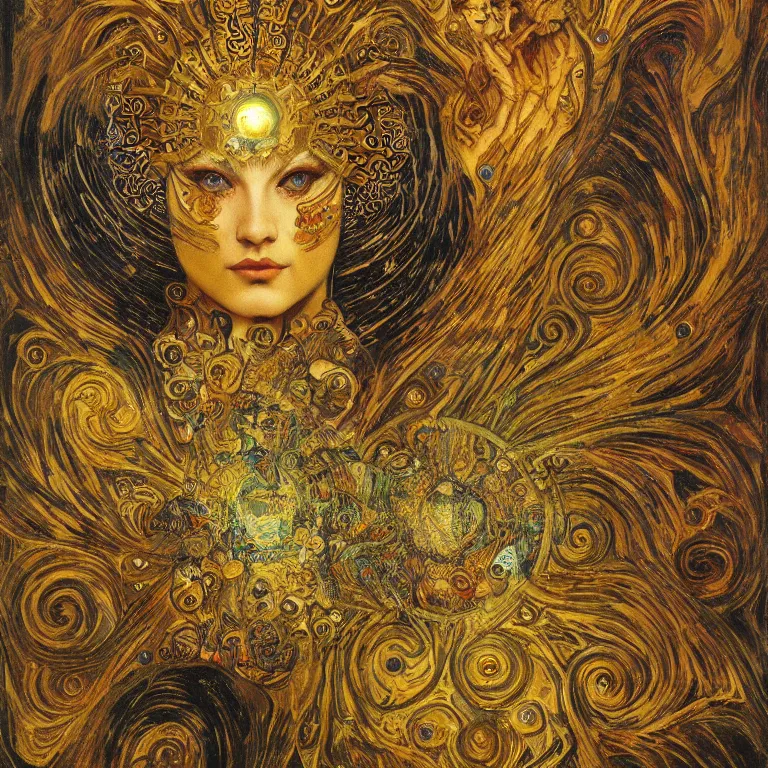 Prompt: Divine Chaos Engine by Karol Bak, Jean Deville, Gustav Klimt, and Vincent Van Gogh, celestial, visionary, sacred fractal structures, ornate gilded medieval icon, spirals, 8k 3D